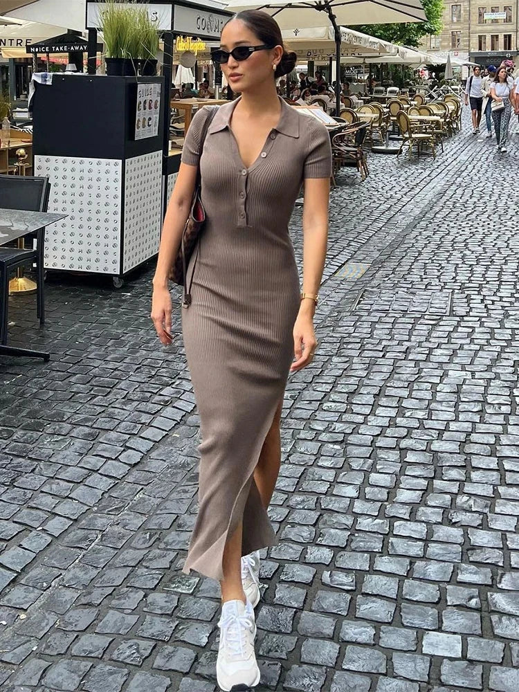 Kliou Elegante Vestido Largo de Oficina para Mujer Color Liso Cuello Vuelto Manga Corta Botones Abertura Lateral Moldeador de Cuerpo Estilo Urbano