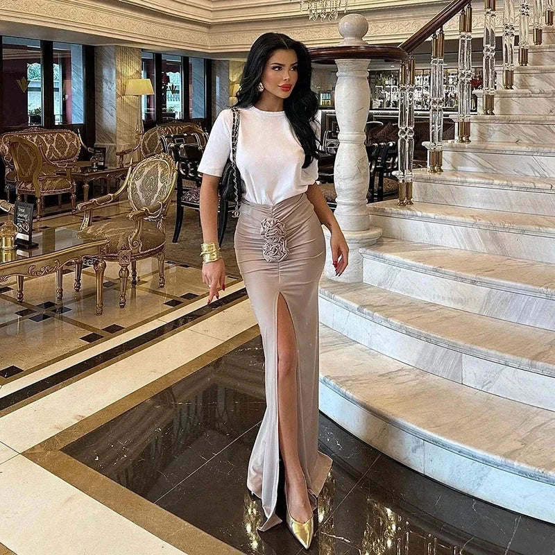 Nueva Falda de Verano para Mujer Ropa de Calle Faldas Sólidas Apliques Sexy Abertura Delgada Elegante Fiesta Femenina Recta Faldas de Cintura Alta