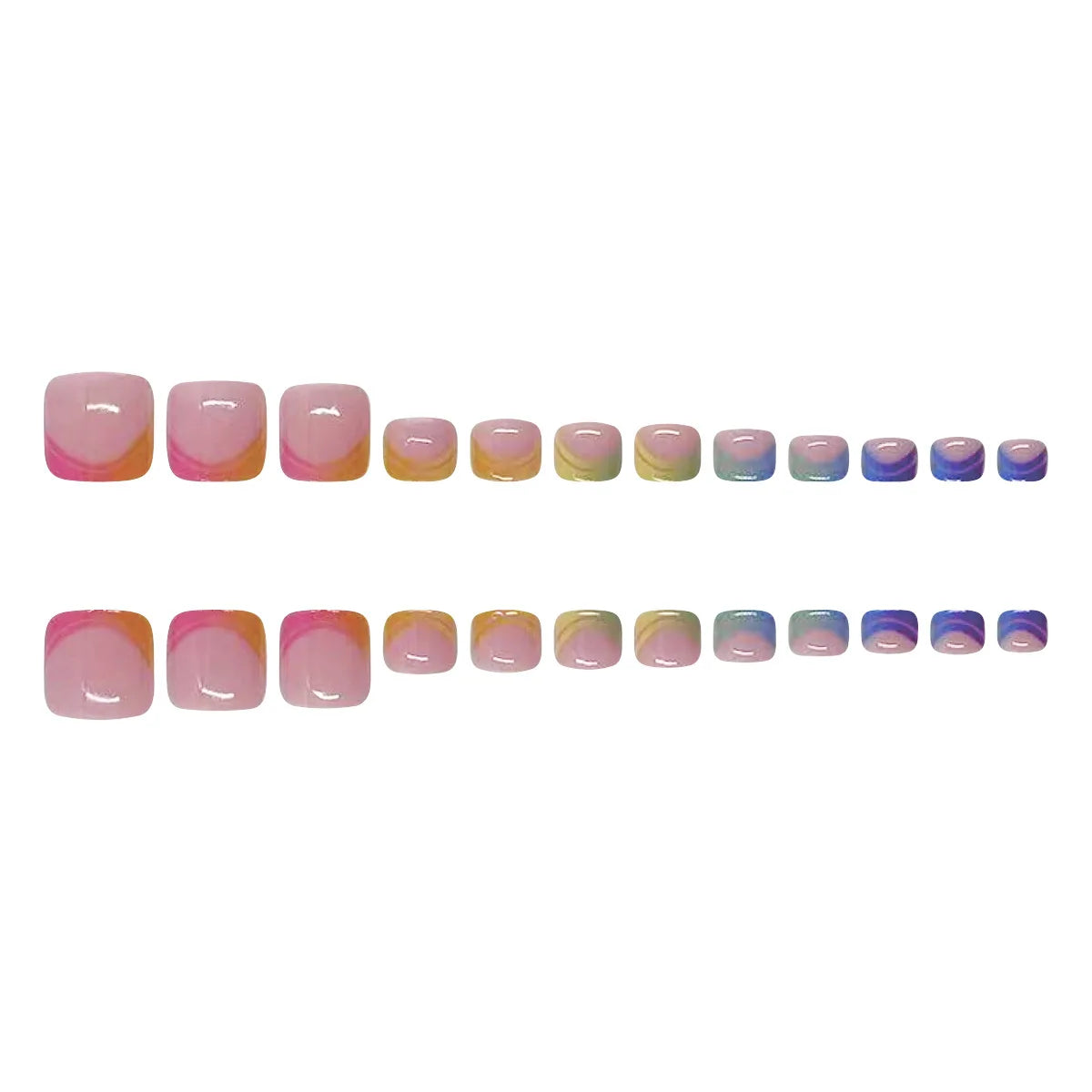 Uñas postizas de verano con diseño francés degradado, uñas cortas cuadradas para pies, juego de uñas a presión, puntas de uñas postizas de arcoíris, cobertura completa
