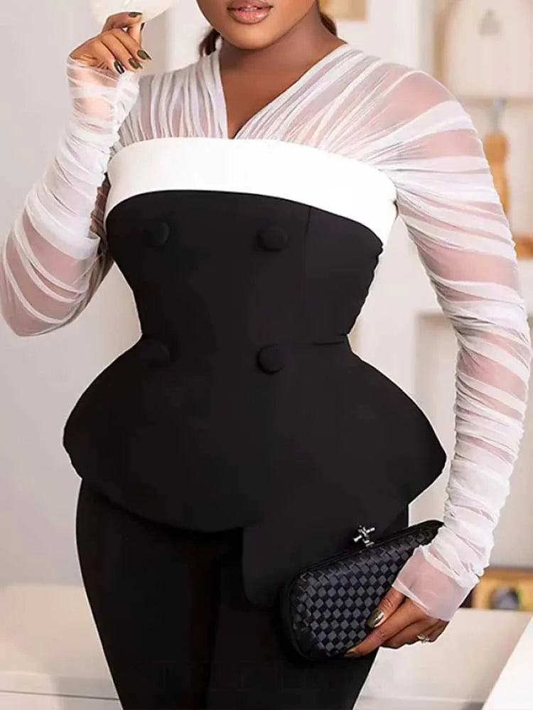 Conjunto de pantalones elegante de dos piezas para mujer, ropa de oficina femenina, top ajustado con mangas de malla blanca y pantalones holgados, conjuntos sexys y chic para primavera