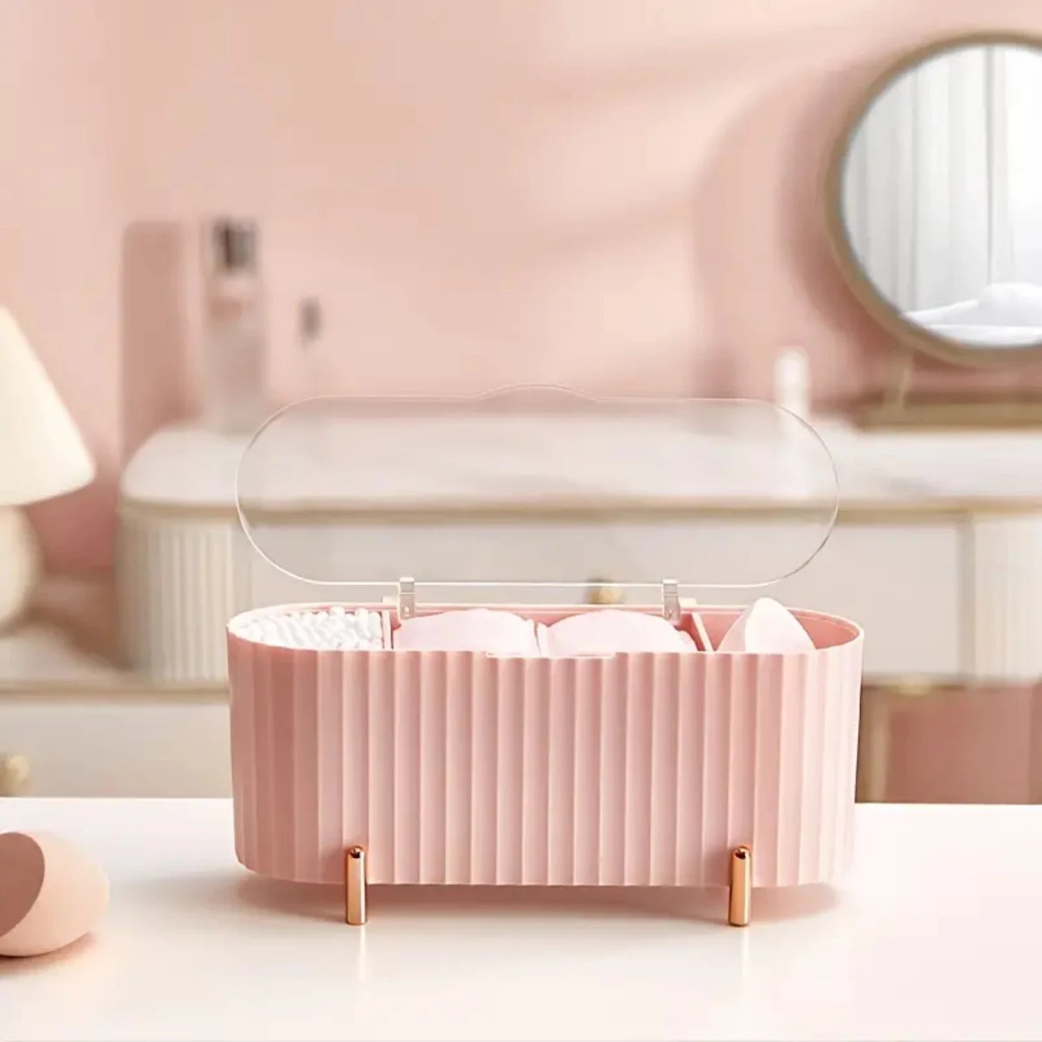 Elegante caja organizadora de cosméticos de escritorio a prueba de polvo con bandeja para esponjas de maquillaje - ¡Organiza tu maquillaje y joyas con estilo! Ideal para baño