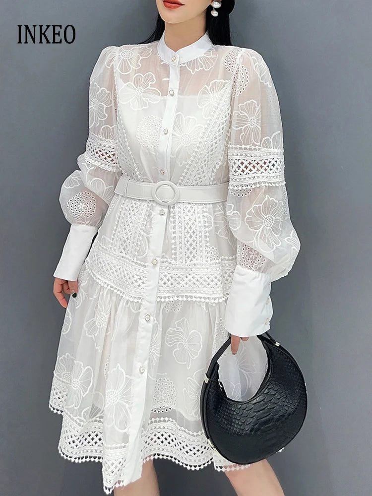 Luxury Women Lace Shirt dress White Black New Vintage embroidery Lantern sleeve dresses with belt Sexy clothes INKEO 4D062