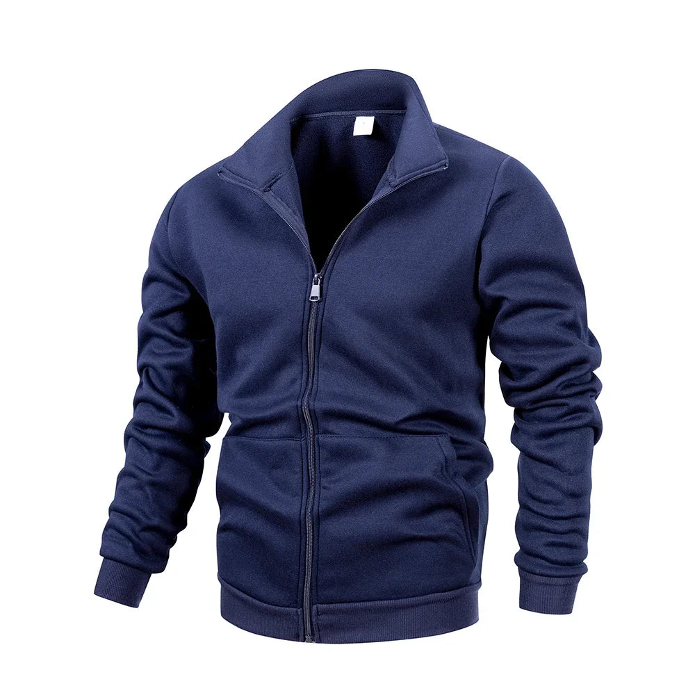 Chaqueta para hombre de manga larga con cremallera, abrigo de color liso con cuello levantado, cálida, para exteriores, chándal para hombre