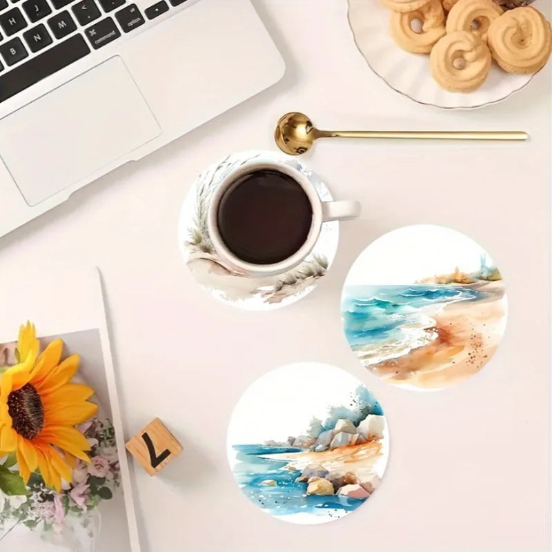 Coaster - 6-Piece DIY Set with Non-Slip Heat-Resistant Surface, Perfect for Table Protection & Coastal Decor 5D Beach Art