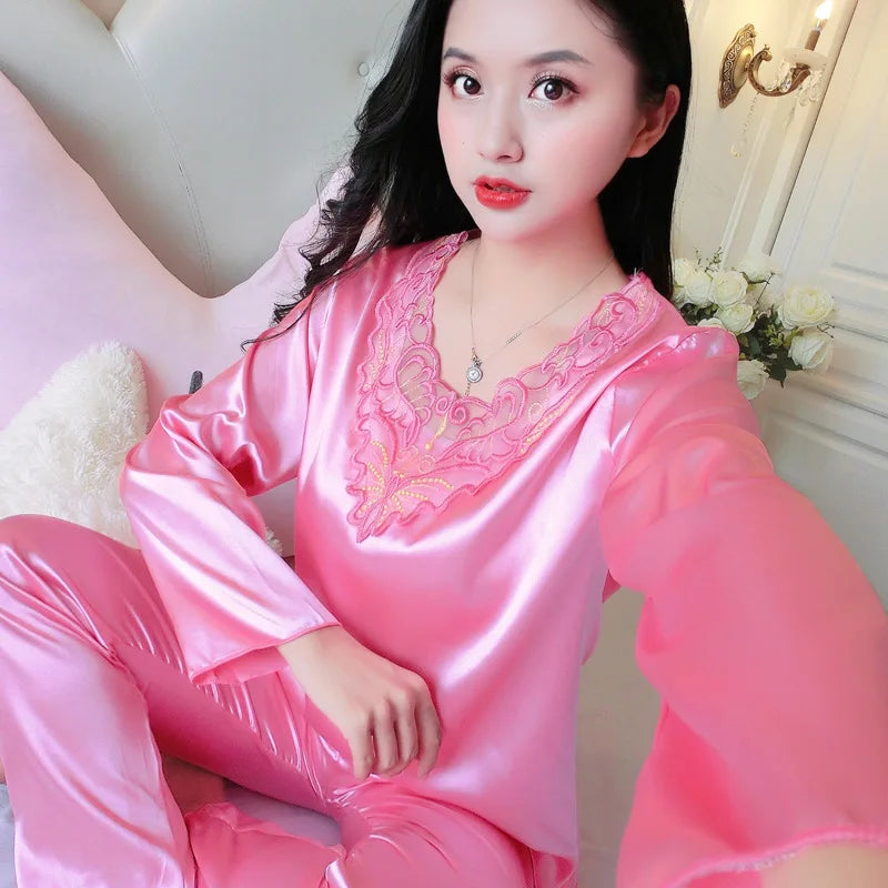 Women's Pajamas Set Summer Long Sleeve And Pants Pyjamas Two-piece Set Pajama Ice Silk Satin Sexy Sleepwear Home Suit Loungewear