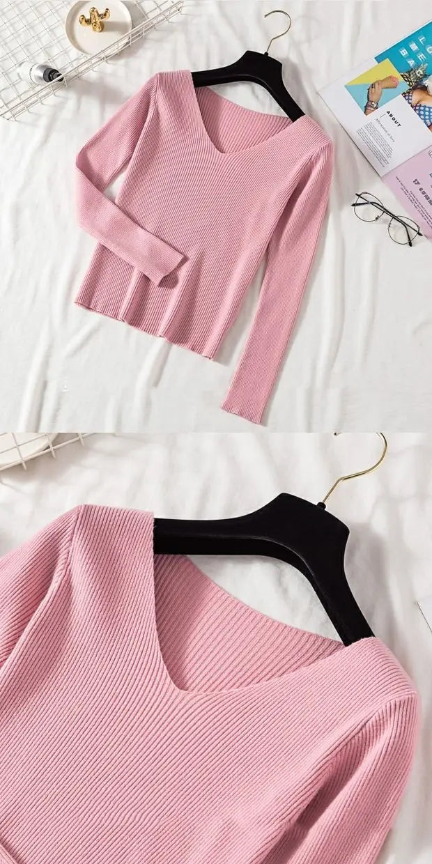 Suéter de mujer nuevo otoño invierno de manga larga jersey básico top de moda cuello en V elástico femenino invierno de punto sólido
