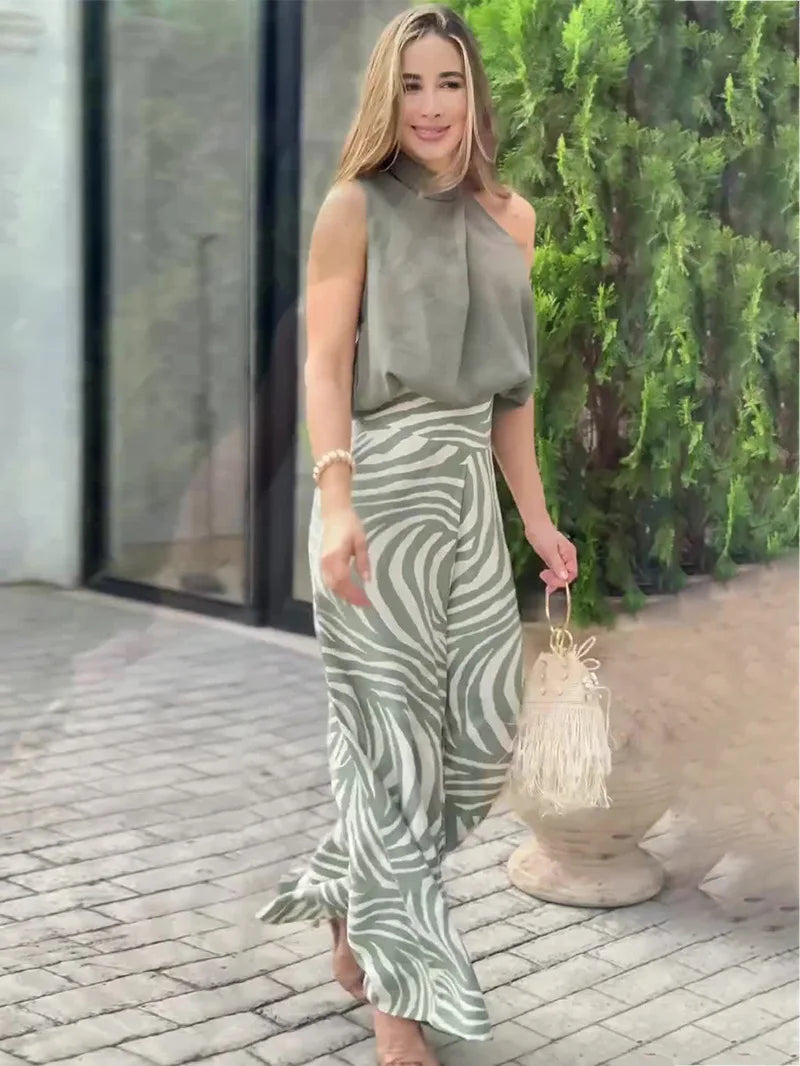 Conjunto de blusa sin mangas halter y pantalones de pierna ancha para mujer, nuevo, sexy, de verano, elegante, casual, de dos piezas para oficina