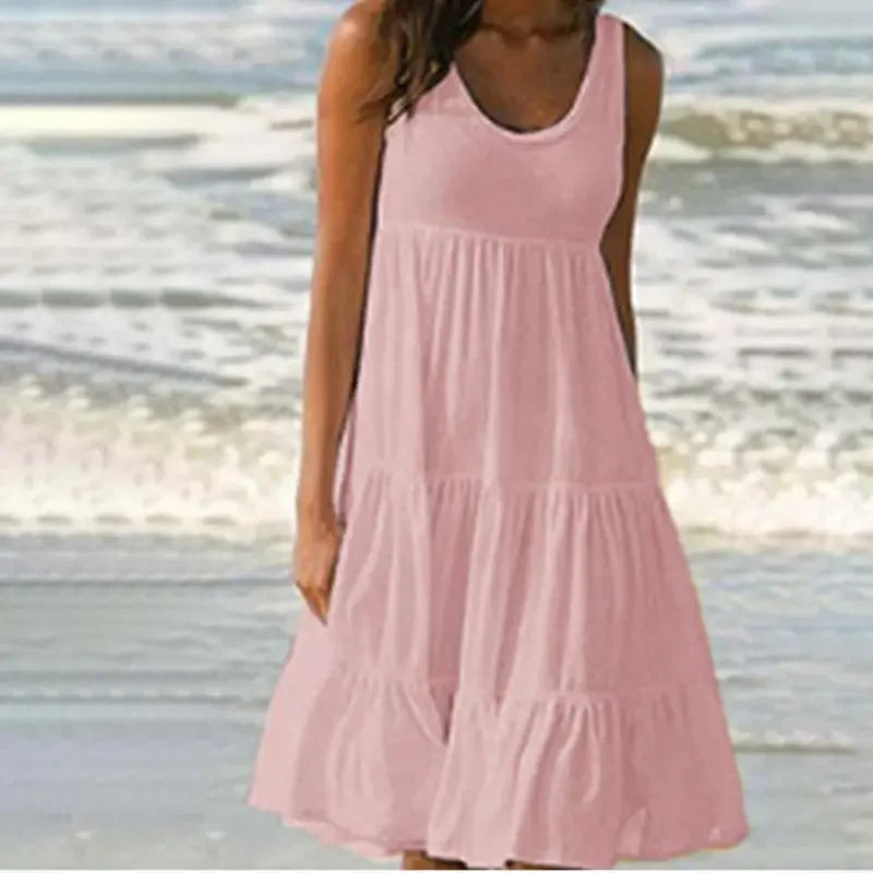 Vestido casual de mujer con cuello redondo, sin mangas, con volantes, minivestido boho liso para playa, vestido suelto oversize, verano 2024