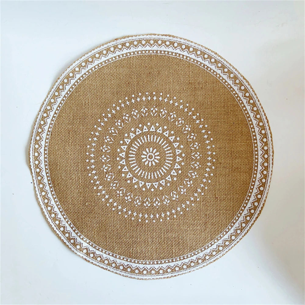 Vintage Pastoral Round Cotton Linen Placemats Handwoven Jute Tassels Placemats Soft Non-slip Table Pads Vase Mats Accessories