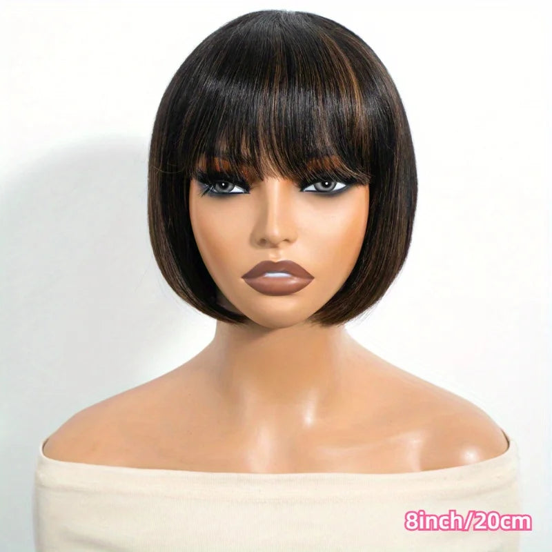 Rebecca Glueless Short Bob Wig with Bangs Dark Brown (1B/30), 8 Inch Natural Look, Machine-Made Human Hair Wig, Everyday Wear