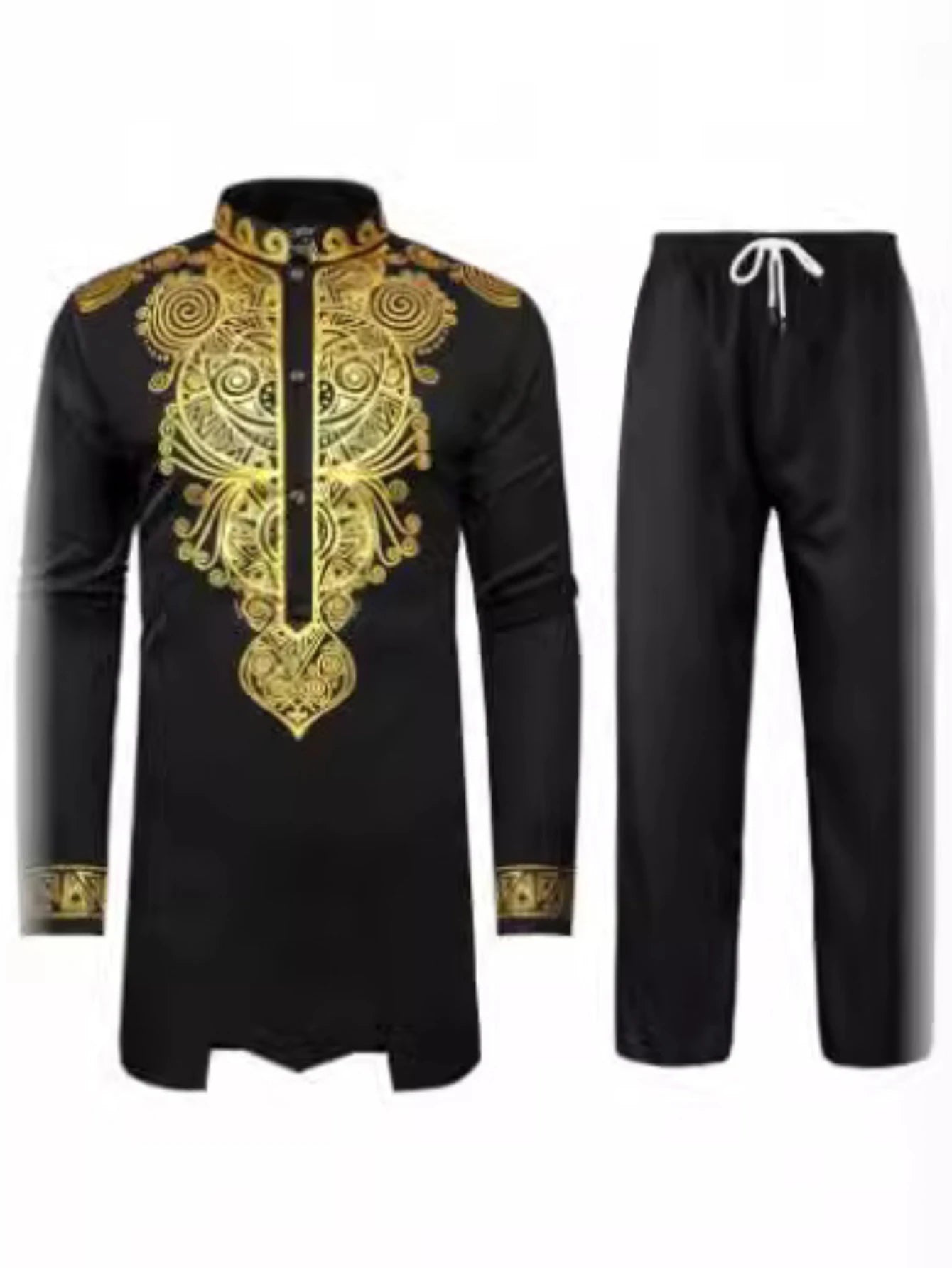 Conjunto de dos piezas para hombre africano Traje tradicional de manga larga con estampado dorado Camisa Pantalones Fiesta África Verano Caballero Atuendo étnico