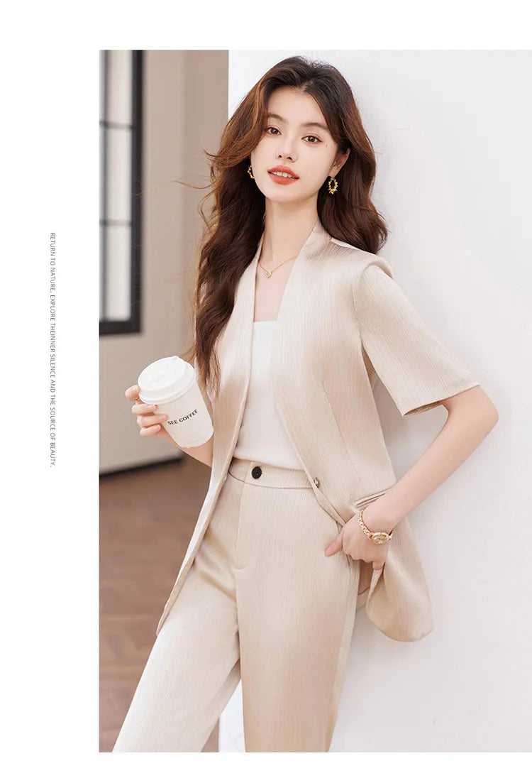 Damebuksedress med belte Sommer Kortermet V-hals Blazer og bukser Sett Elegant Kontorarbeidstøy Lilla Mote 2025