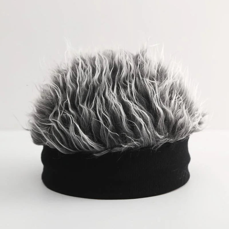 Novelty Grey Spiked Fake Hair Wig Beanie Hat, Unisex Funny Hip Hop Integrated Hair Headband Cap for Men Women Party Cosplay