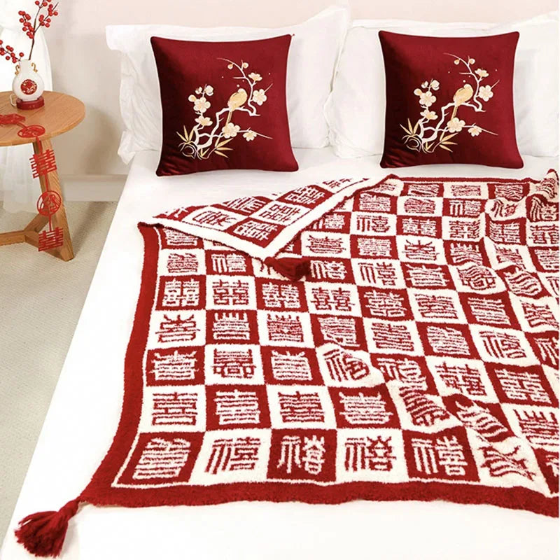 Manta de Boda de Felpa Fina Roja, Cubrecama Alegre, Manta para Sofá Multiusos que Mantiene el Calor, Pequeño Cojín de Chal para Cuatro Estaciones