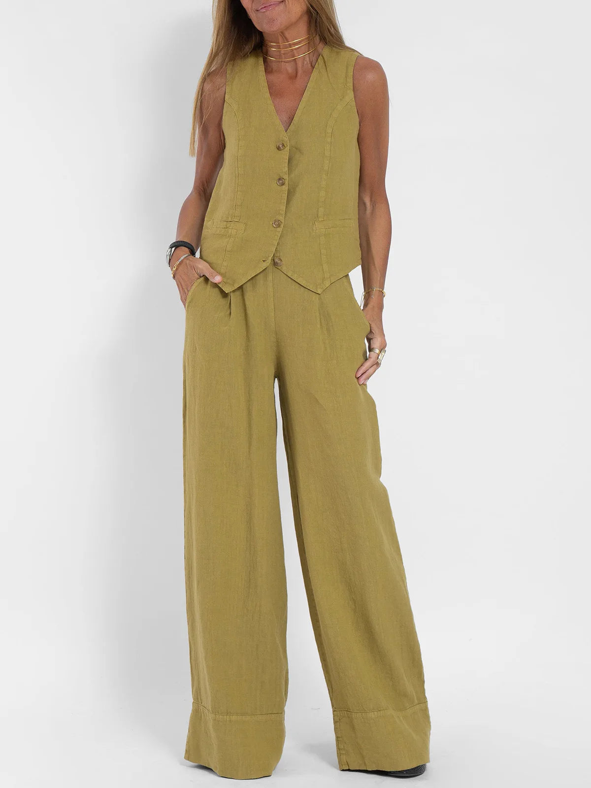 Conjuntos de chaleco y pantalón de moda para mujer, de algodón liso, traje informal, top sin mangas con botones de patchwork + pantalones, conjunto de 2 piezas para la oficina