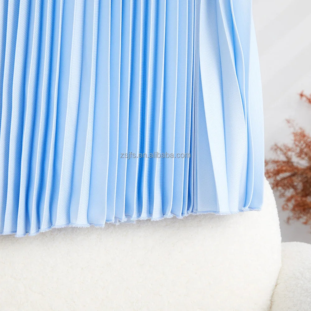 Pleated Skirt and Pleated Shirt Set Women's Summer Short Sleeve Top and Long Printed Pleated Skirt 2-Piece Set Short Skirt