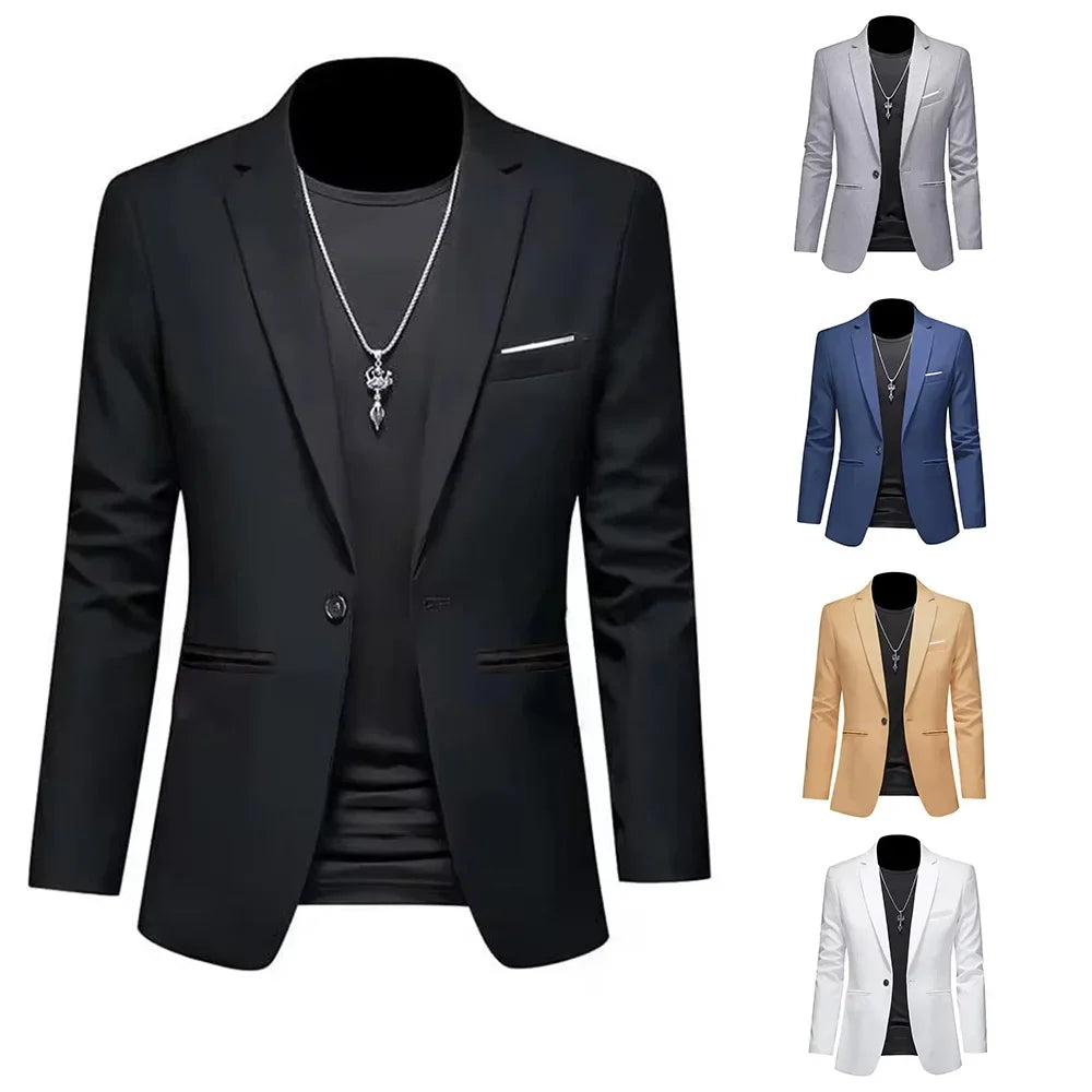 Chaqueta tipo traje boutique de ocio de moda para hombres, informal de otoño, corte ajustado, sin planchado, con un solo botón, color liso, blusa formal