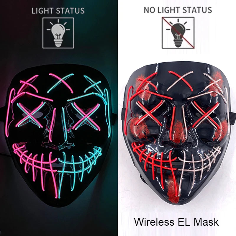 Máscara de purga LED de neón inalámbrica, que brilla en la oscuridad, máscara de cosplay de terror para Halloween, máscaras de fiesta de disfraces, accesorios luminosos divertidos