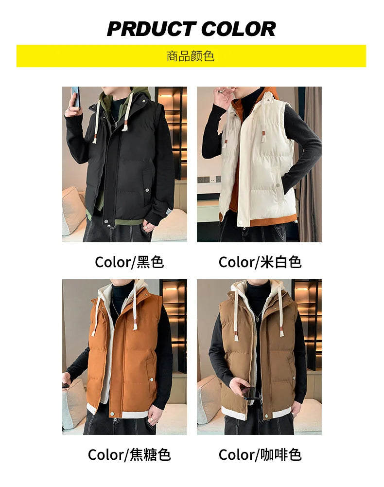 Chaleco cortavientos con capucha para hombre, chaqueta sin mangas, chaqueta de invierno, abrigo informal, chaleco grueso de algodón y plumón para hombre, abrigo grueso