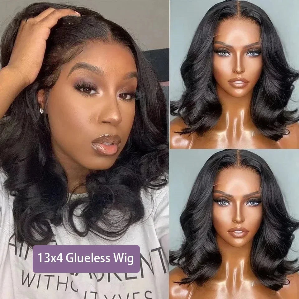 Peluca Bob 13x4 Body Wave sin pegamento Cabello humano Brasileño Lista para usar Peluca frontal de encaje 7x5 Precortada Sin pegamento para mujeres Pre-arrancada