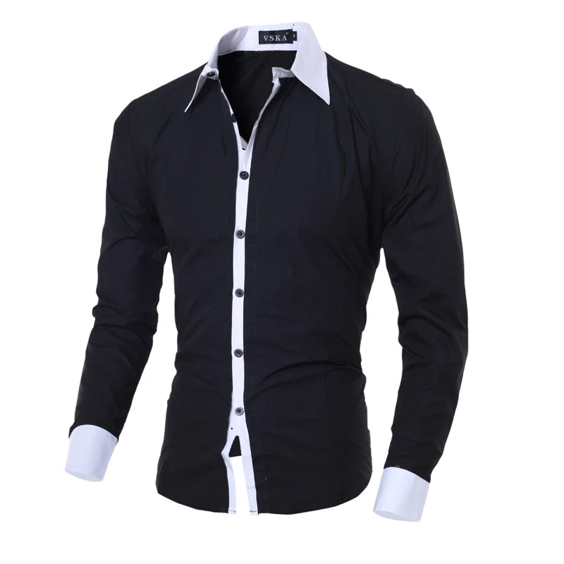 Men Long Sleeve Shirt Spring Striped Shirts Slim Fit Male Casual Social Patchwork Shirt Turn-down Collar Camisa Masculina