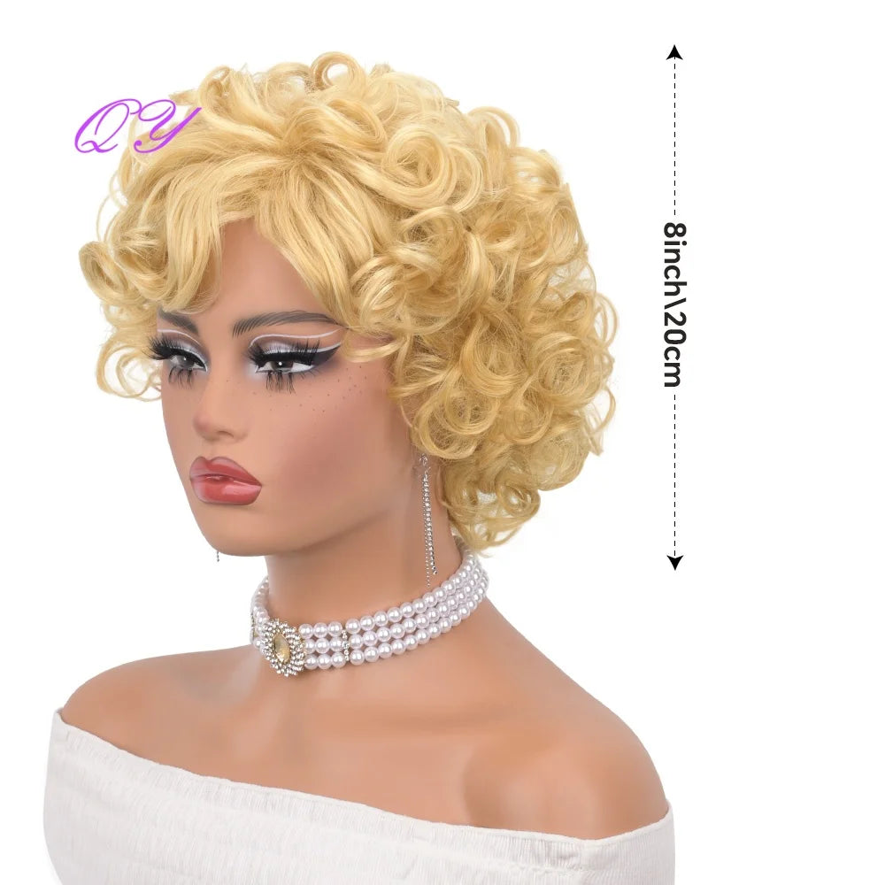 Synthetic women's gold wig with bangs, elegant and naturally curly, adjustable and high-quality fluffy wig for daily or holiday