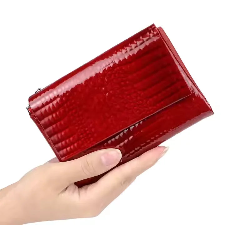 Cartera de lujo para mujer de cuero charol, estilo euro-americano, monedero, cartera de diseñador de piel de vaca con patrón de cocodrilo, compacta y de alta calidad.