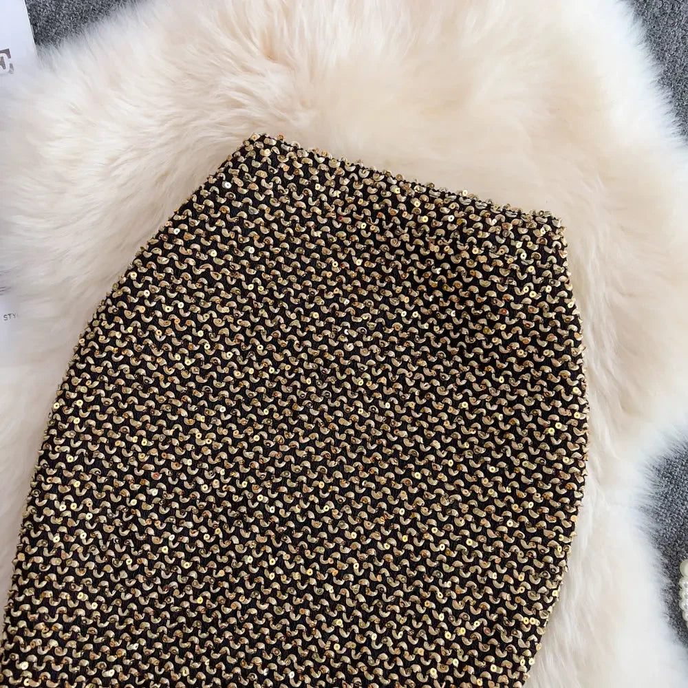 Faldas de mujer elegantes con lentejuelas, faldas de mujer formales para oficina, de primera calidad, elegantes y chic, oferta de lujo original estilo coreano de moda