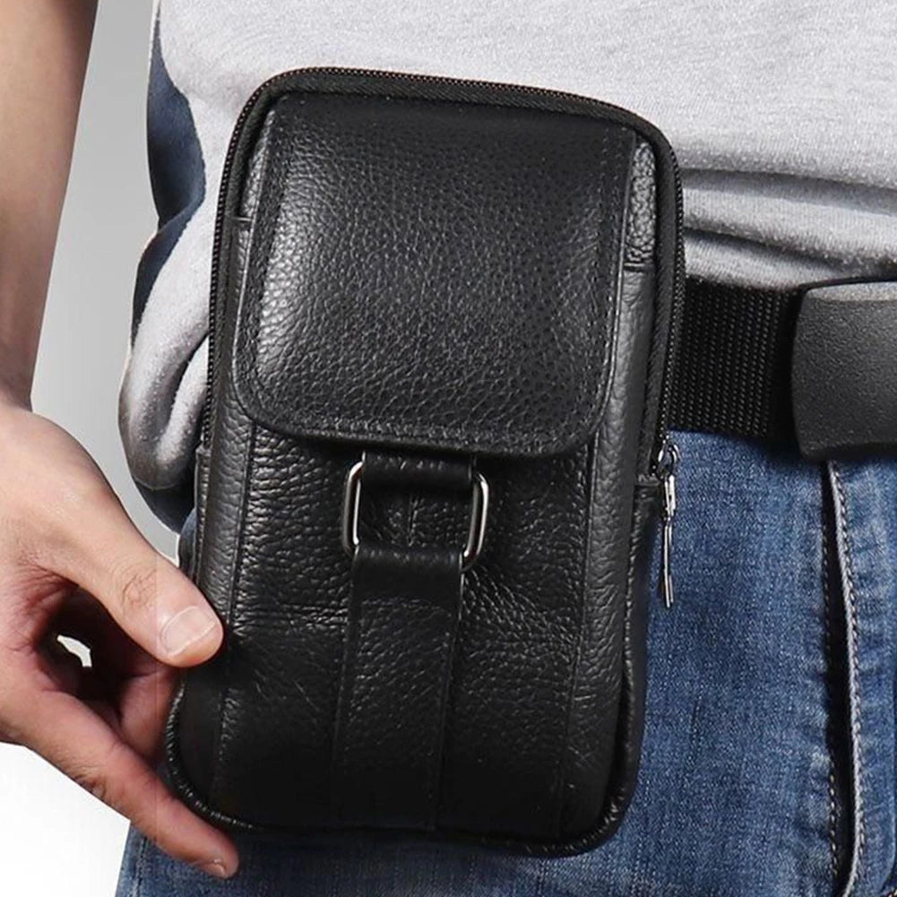 Riñonera portátil de cuero vacuno para teléfono móvil, multi-bolsillos, informal, para deporte al aire libre