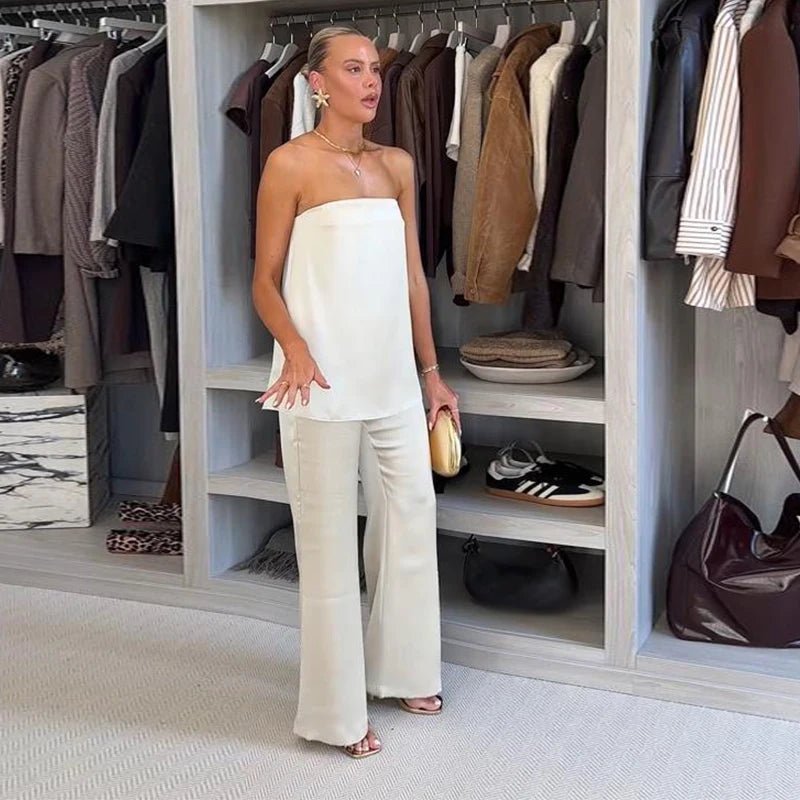 Elegantes Conjuntos de Pantalones de Satén para Mujer, Blusas sin Mangas sin Espalda Tipo Tubo, Pantalones de Pierna Ancha con Cremallera, Trajes de Vacaciones de Verano 2025 para Mujer