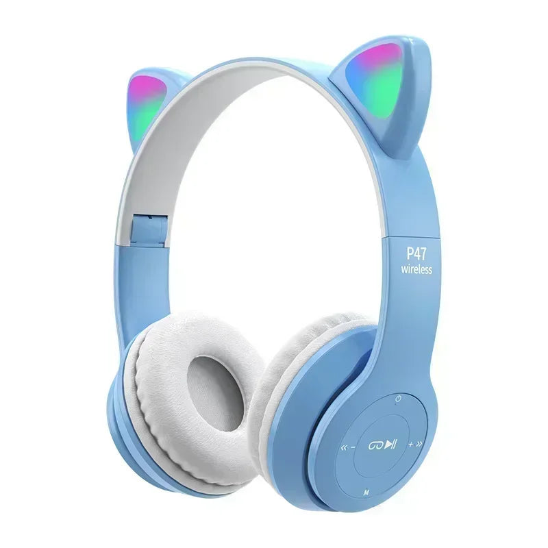 Casque de jeu sans fil P47M avec lumière clignotante et oreilles de chat mignonnes, avec micro, contrôle LED, musique stéréo, téléphone, Bluetooth, cadeau