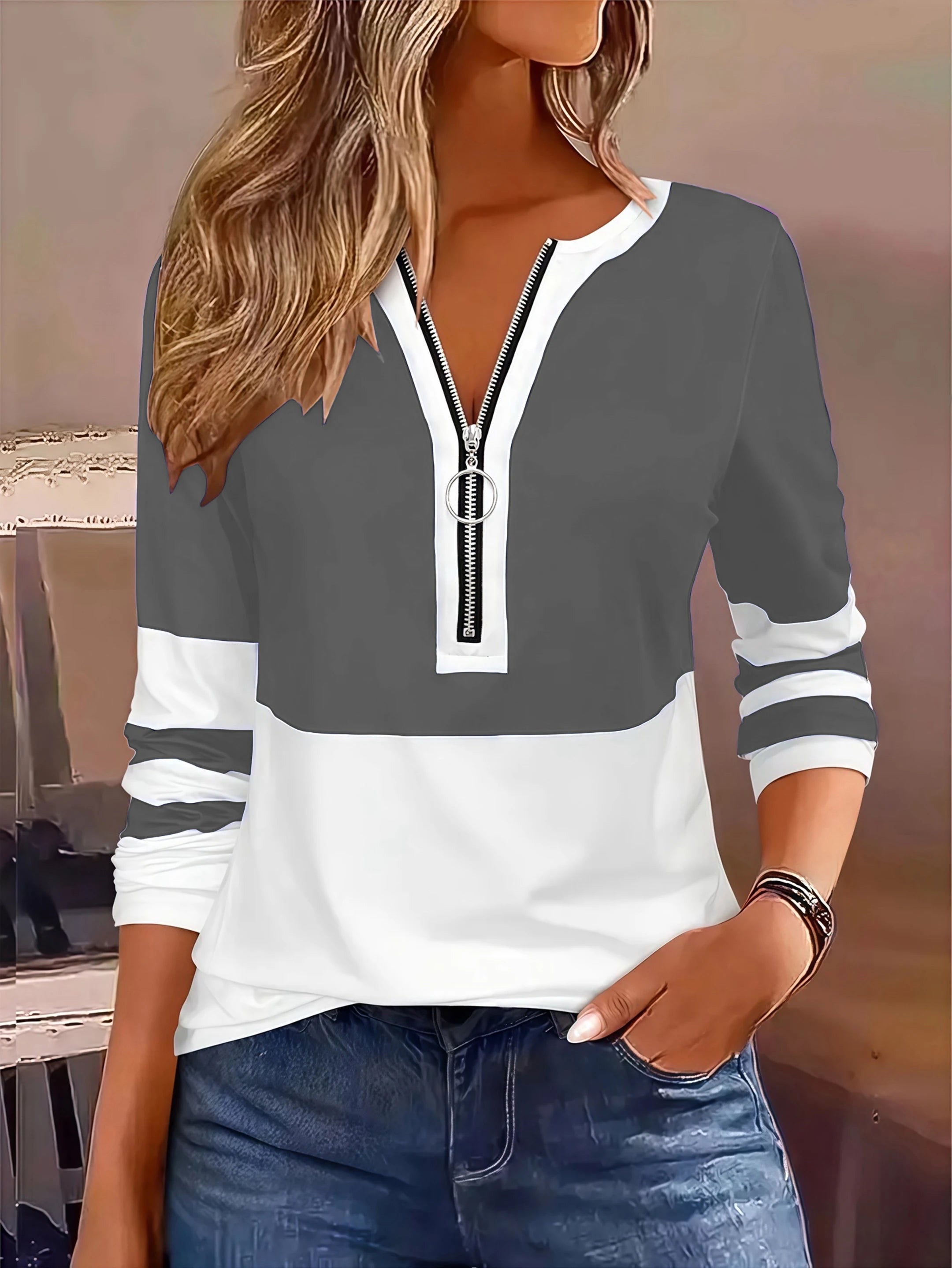 Camiseta extragrande con cremallera y estampado geométrico