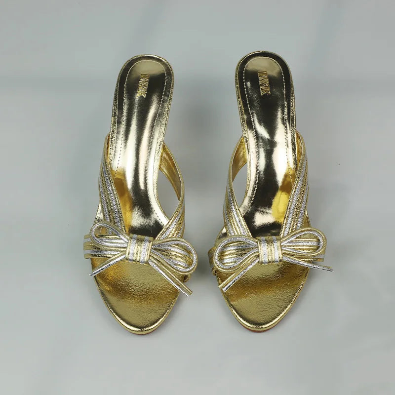 Mules à talons hauts dorées de luxe pour femmes, sandales à bout ouvert, élégantes, chaussures d'été à talons aiguilles, chaussures de soirée classiques avec nœud