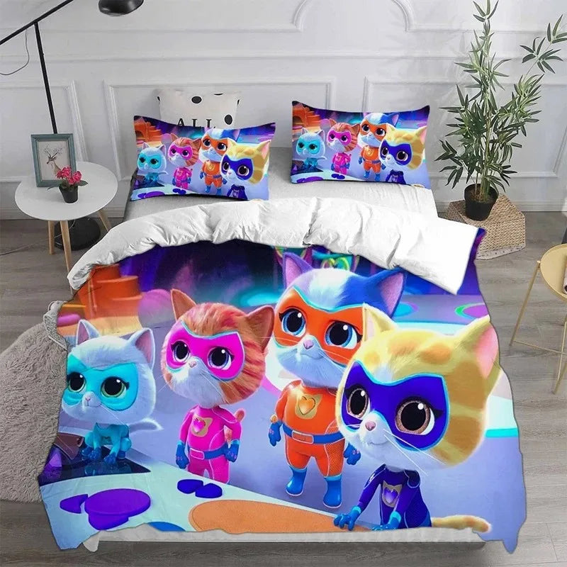 Juego de ropa de cama de Super Kitties Kittydale, juego de accesorios de cama de gato de dibujos animados, juego de funda nórdica para niños, juego de edredón, regalos de cumpleaños