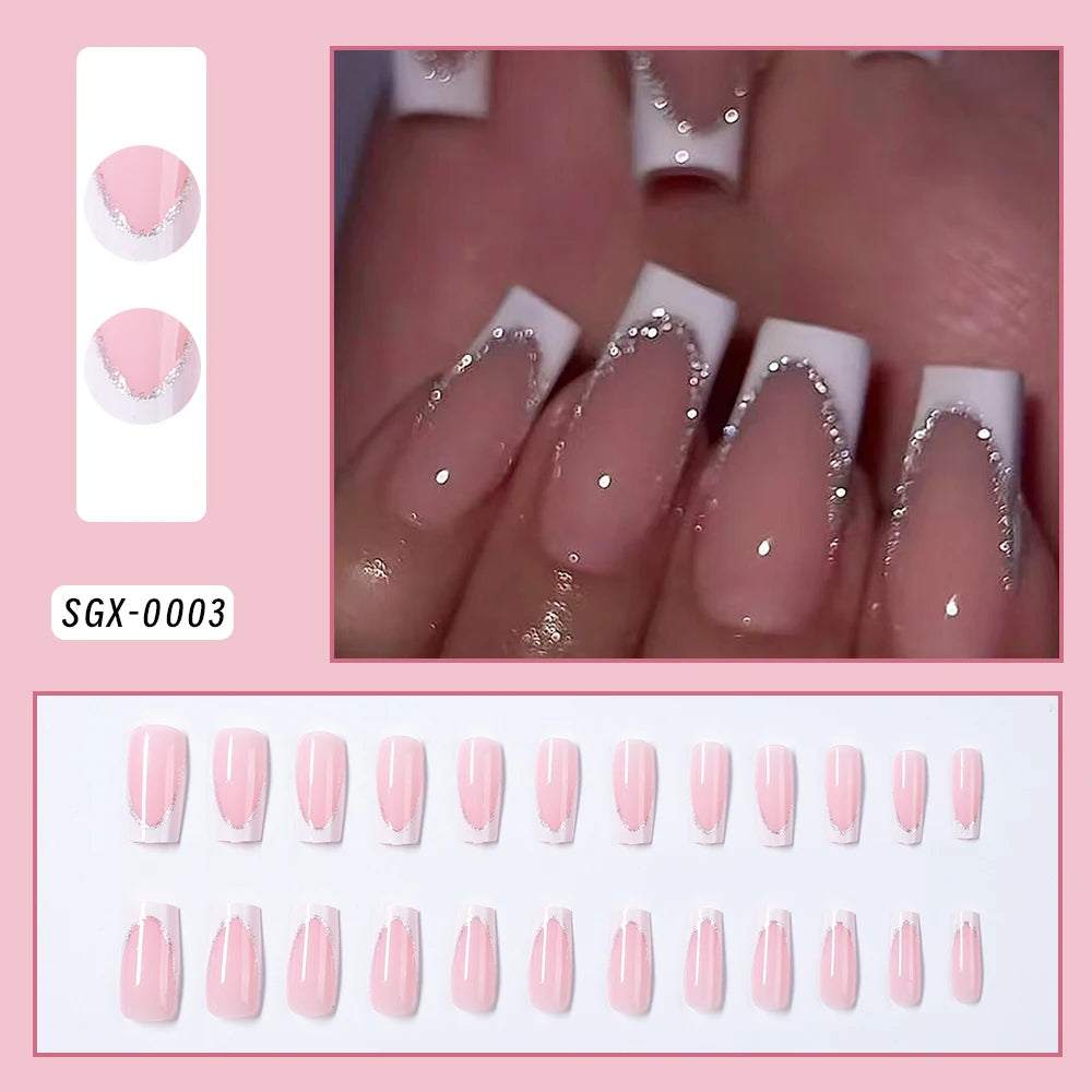 24 Pcs Uñas postizas cuadradas cortas estilo ataúd, uñas postizas francesas con brillo, uñas acrílicas de cubierta completa para mujer, puntas de uñas a presión tipo ballet