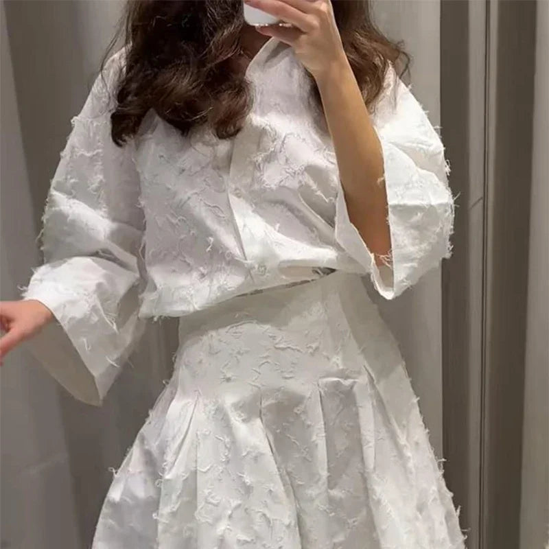 Conjunto de Falda Larga y Camisa con Borlas de Verano para Mujer Elegante Blanco Suelto Cintura Alta Plisada Maxi Faldas Trajes 2025 Ropa de Calle para Oficina