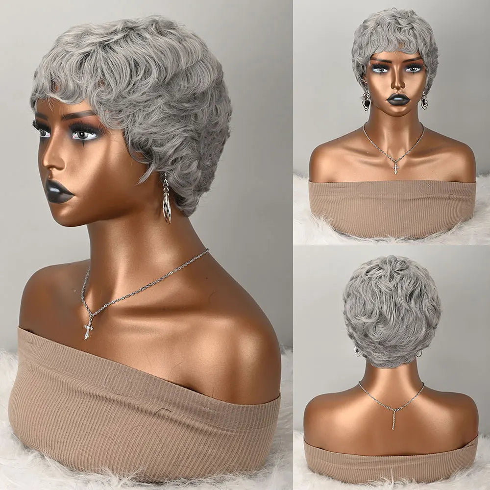 Gray Short Curly Pixie Cut Wig Synthetic Hair Wig with Bangs Natural Short Wave Wigs Glueless None Lace Front Heat Resistant Wig