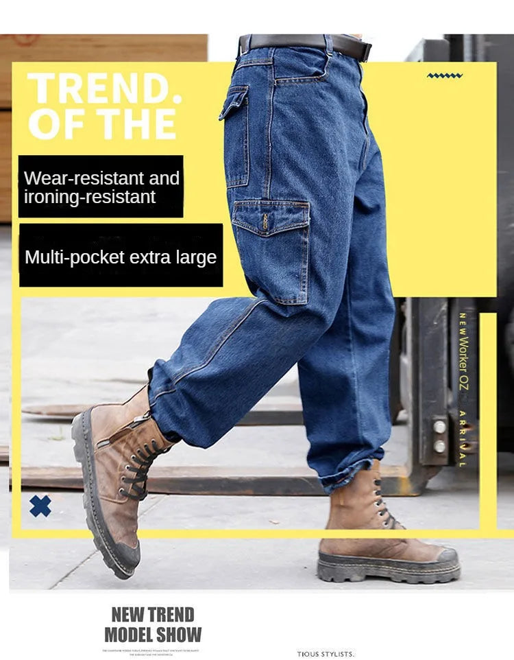 Peto pantalón ropa de hombre pantalones resistentes al desgaste anti-escaldaduras engrosamiento algodón ropa de trabajo de mezclilla pantalones de trabajo múltiples bolsillos