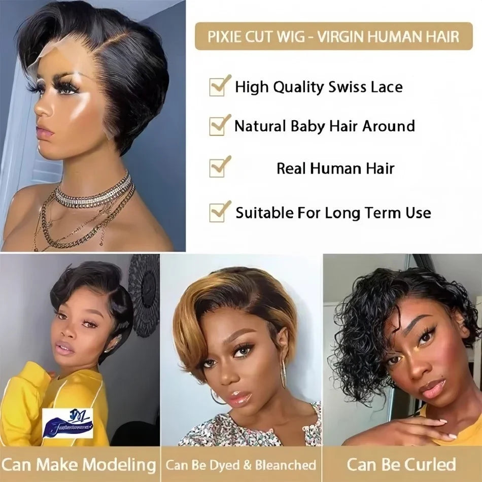 Pixie Cut Short Bob Wig 5X5 Hd Lace Closure Wig 5X5 Transparent Lace Front Wig Straight Human Hair Wigs For Women Brazilian Hair 250 Density Black
