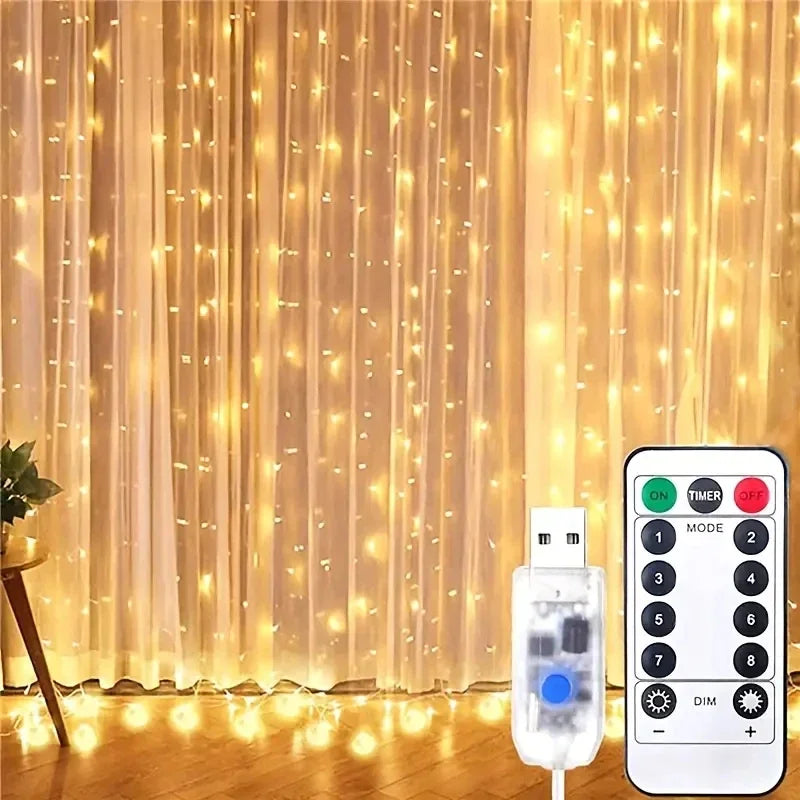 Guirnalda de luces de hadas LED para boda, luces de Navidad, enchufe USB, cortina, cadena de luces, decoración navideña, fiesta de cumpleaños, decoración de pared