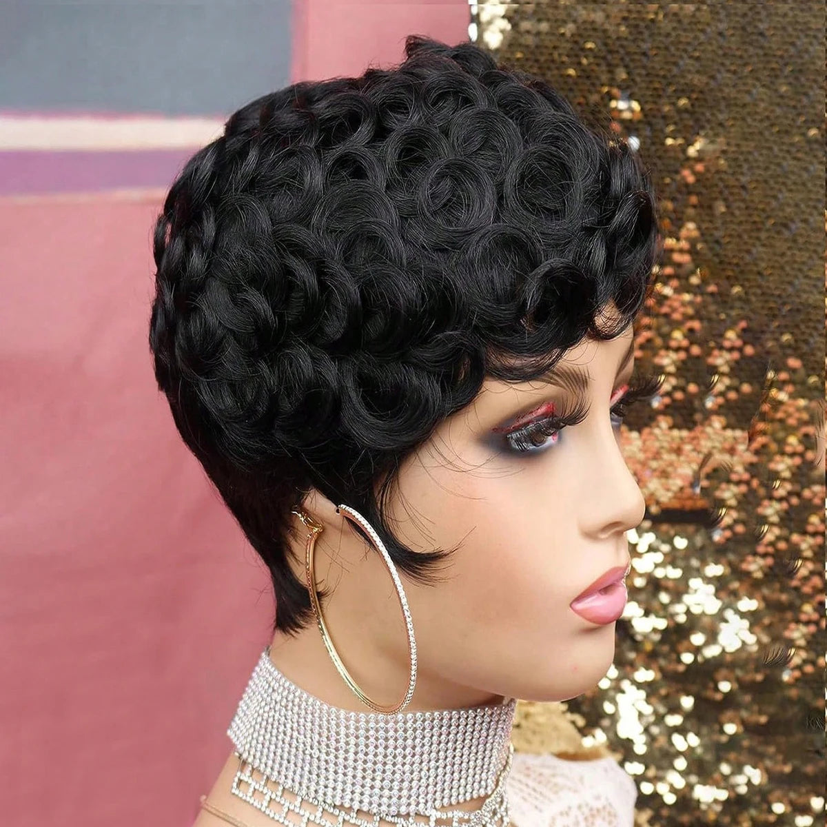 Black Pixie Cut wig for with Bangs Short Pixie Curly Layered Curled Natural Wavy Short Curly Layered Pixie Wig for Women