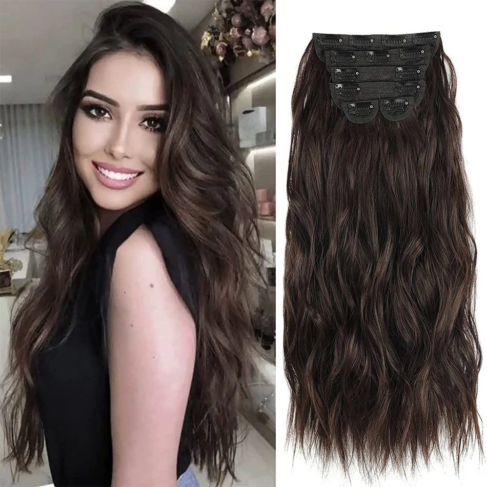Forlengelser Lang Syntetisk Klips I Hår Bølget Klips I Hårforlengelser 6 stk/sett Syntetisk Ombre Blond Brun Tykk Hårstykker