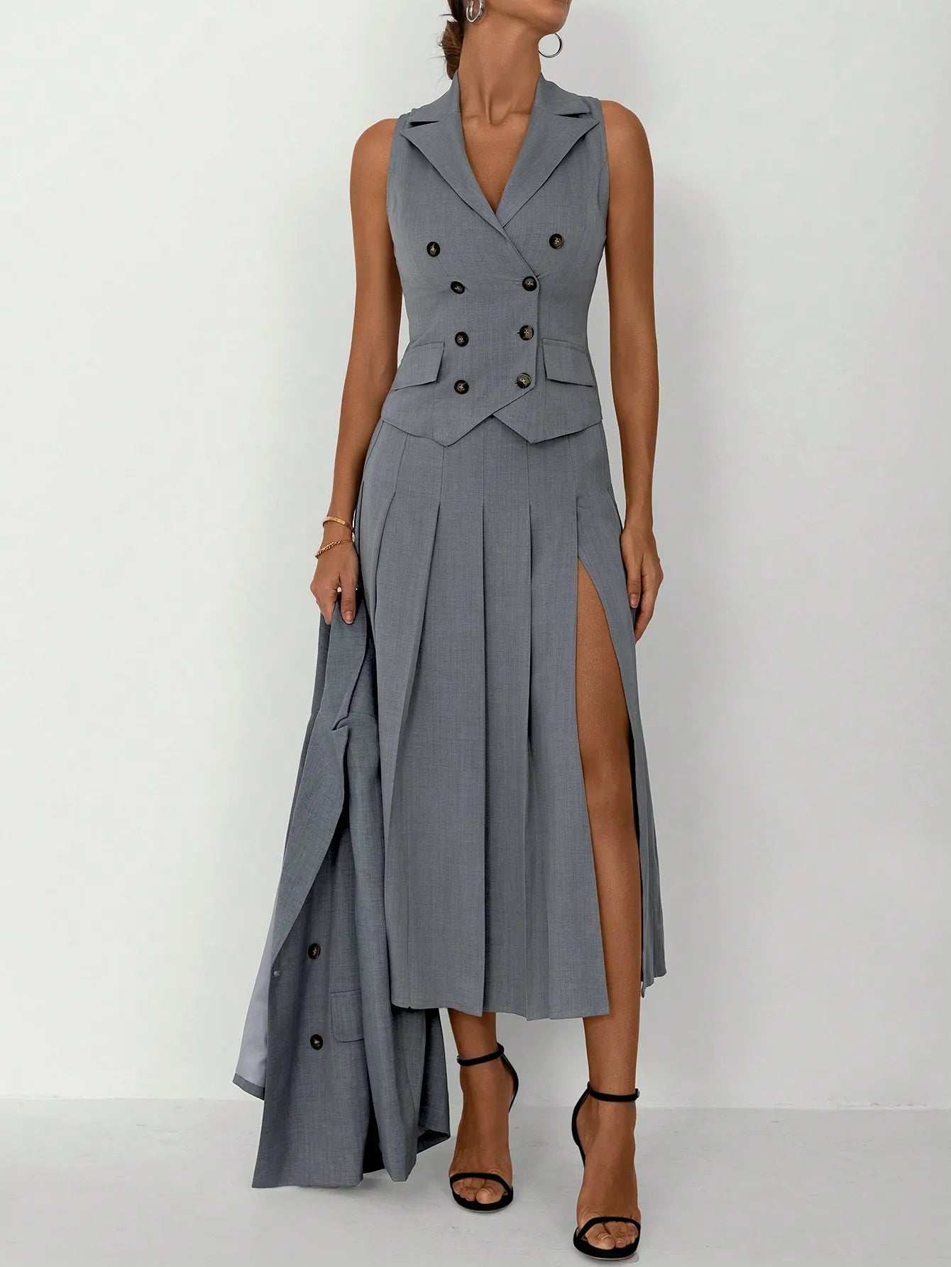 Conjunto de 3 piezas de traje elegante de negocios para mujer: Chaleco entallado para primavera/verano, falda midi plisada, adecuado para la mujer de oficina