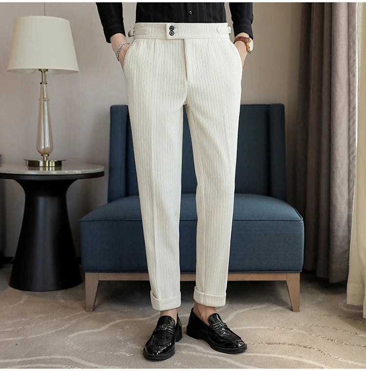 Nuevo pantalón informal de cintura alta de felpilla napolitana de lujo ligero para hombres, pantalón de vestir para hombres de ajuste delgado con sensación premium, pantalón