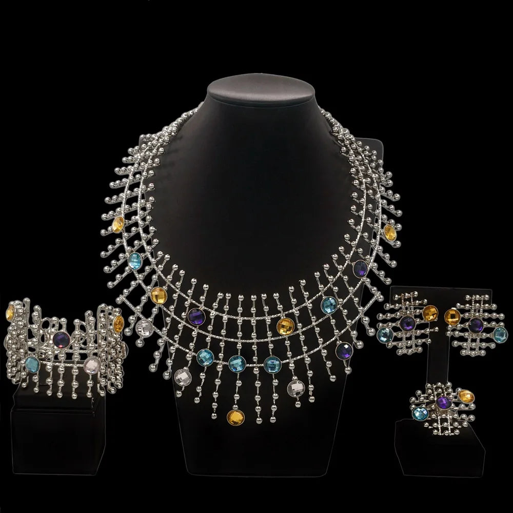 Juego de joyas de oro de 24 quilates para mujer, collar, cadena, pendientes, brazalete, anillo, con piedras multicolor