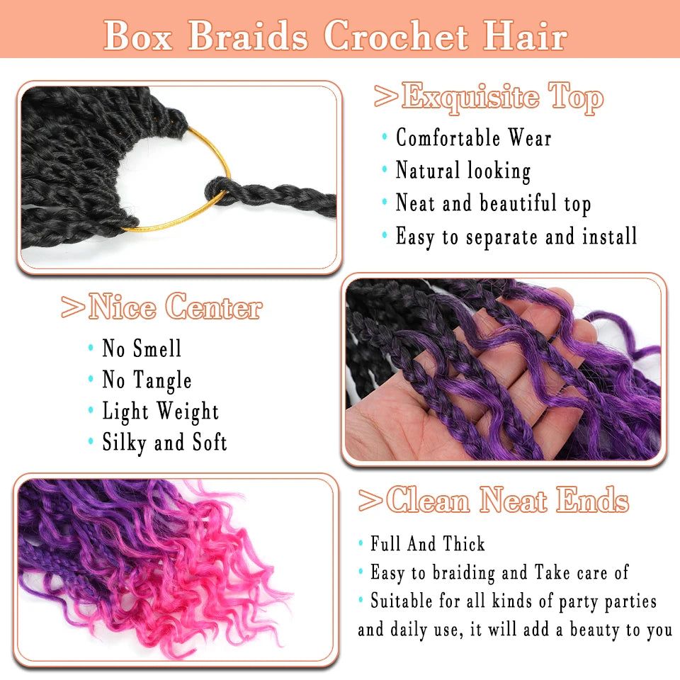 18" Long Boho Braids Extensions Goddess Box Braids Crochet Hair Black Purple Pink Synthetic Braiding Hair Bohemian Hippie Braids