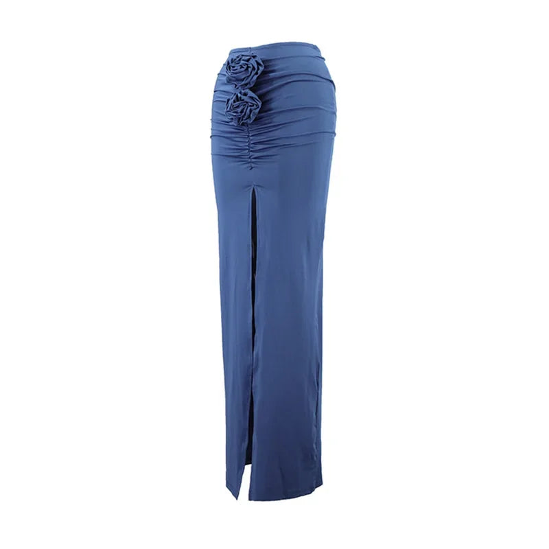 Nueva Falda de Verano para Mujer Ropa de Calle Faldas Sólidas Apliques Sexy Abertura Delgada Elegante Fiesta Femenina Recta Faldas de Cintura Alta