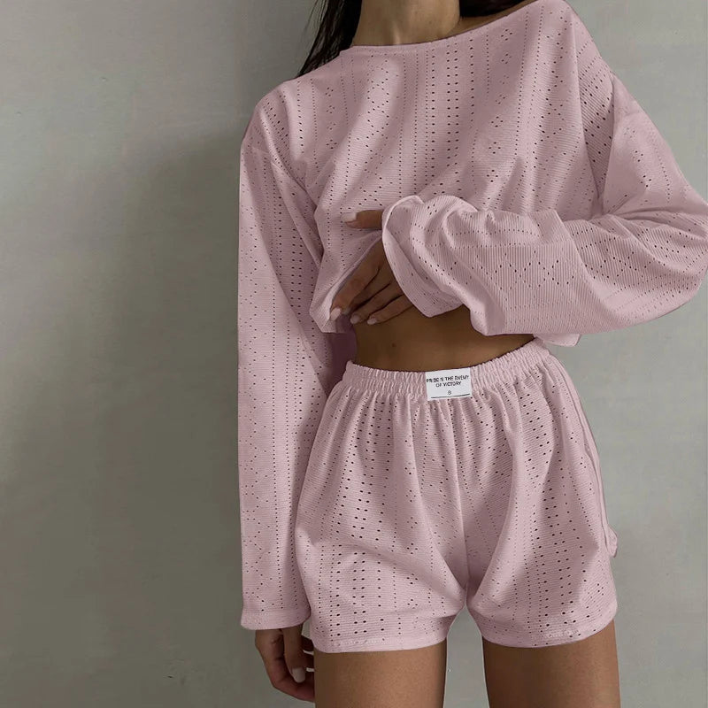 Conjunto de pijama para mujer, ropa de dormir, ropa de descanso, otoño, suave y cómodo, tops de manga larga con pantalones cortos, pijama de mujer, ropa de casa, 2 piezas