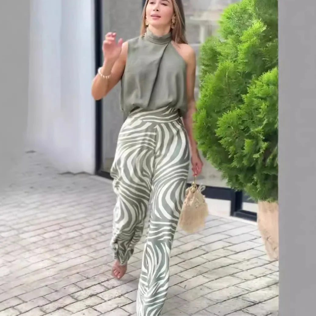Conjunto de blusa sin mangas halter y pantalones de pierna ancha para mujer, nuevo, sexy, de verano, elegante, casual, de dos piezas para oficina