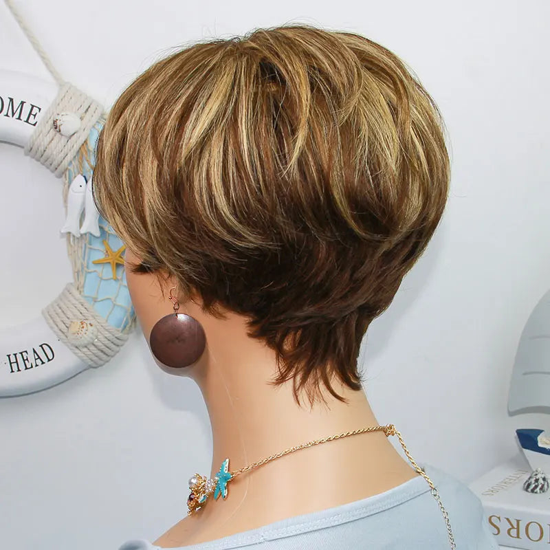 Short Straight Human Hair Wigs Highlight Color Brazilian Remy Hair Pixie Cut Wig Cheap Human Hair Machine Wig For Black Women